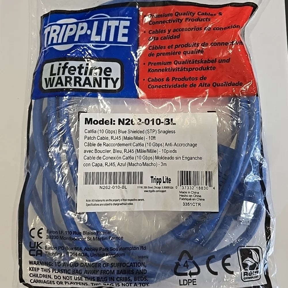 New Tripp Lite Model N262-010-BL Cat6a 10 Gbps Blue Shielded  Patch Cable RJ45